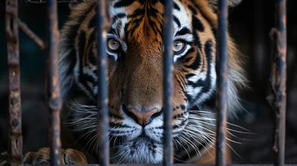 Zelfklevend Fotobehang Wild tiger sitting in a cage, animal cruelty © lastfurianec