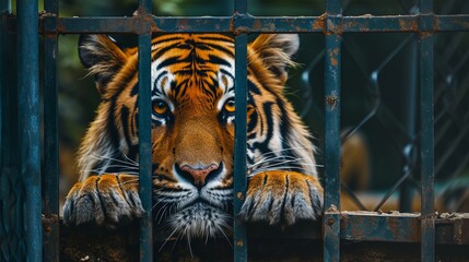 Wild tiger sitting in a cage, animal cruelty
