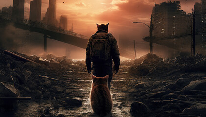 An orange cat walking away in a realistic apocalyptic