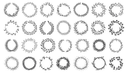 Doodle round wreaths. Herbs twigs laurel circle wreath set for holiday wedding anniversary engagement date ornaments designs, leaves frames vector sketches