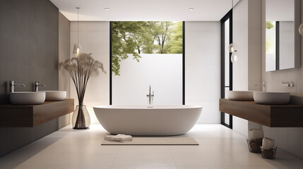 A contemporary bathroom with a freestanding bathtub, a double vanity, and modern fixtures