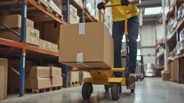 Portrait of a worker in Wearhouse pushes hand truck with a copy space, Generative AI.