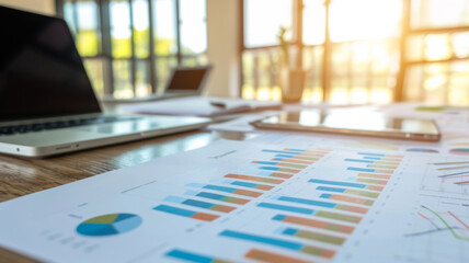 Paper with statistics graphs on the desktop in the office