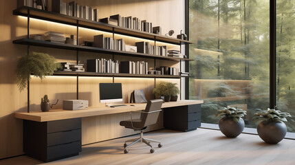  A sleek and organized home office with a floating desk, built-in shelves, and modern decor