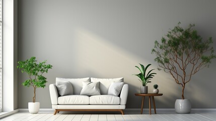 Fototapeta na wymiar A living room with white walls and hardwood flooring, including a large green plant. Concept of minimalist design. Created with Generative AI