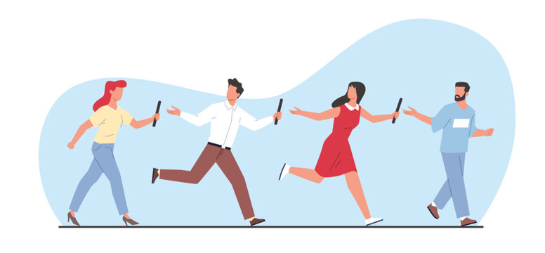 Concept of teamwork, people passing baton to each other. Organization and collaboration office team. Men and women running. Sport challenge. Partnership cartoon flat vector illustration