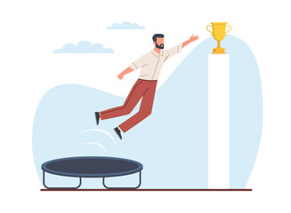 Concept of growth and achievement, businessman jumps on trampoline to get trophy. Success career and startup, way to progress in work, skills and development, vector cartoon flat illustration