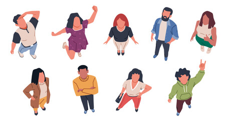 City people looking up. Top view men and women in casual clothes, surprise from above, persons reaction and attention, pointing and watching in sky cartoon flat isolated nowaday vector set