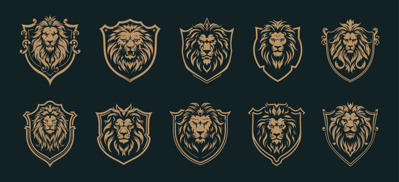 Lions emblems. Heraldic lion king head shields isolated for security luxury guarding designs, royal emblem vector elements