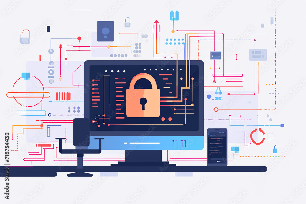 Poster an illustration of a password-protected software program, secure software development drawings, flat