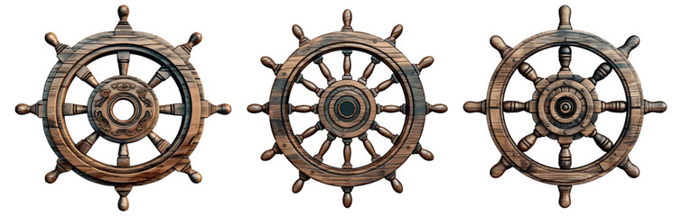 Obraz premium Marine wooden steering wheels. Sailboat pirate helms, yacht ship wheel equipment, vector nautical old boat steer sailor captain wood circles isolated