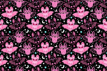 Seamless jpg pattern of pink cute flying bats