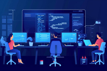 A scene of developers performing a security patch update, Secure Software Development drawings, flat illustration - obrazy, fototapety, plakaty