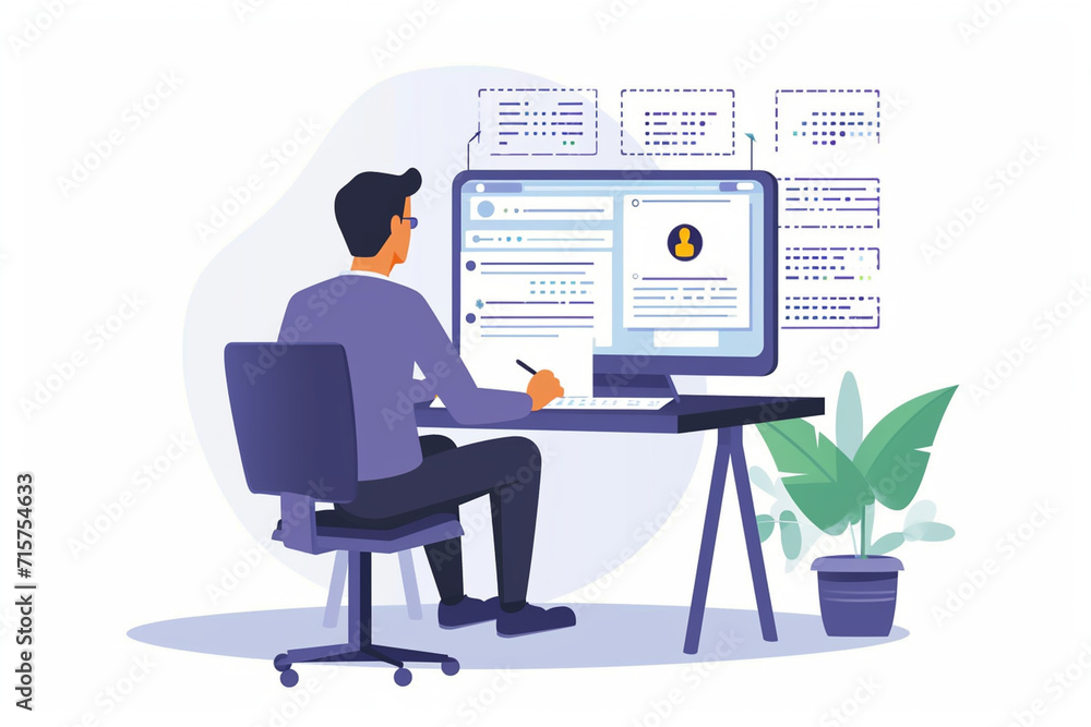 Poster a drawing of an it professional conducting a security audit on software, secure software development