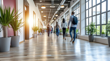 Corridor of an office building with moving people entering work