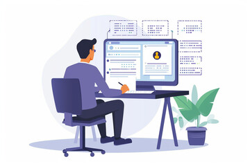 A drawing of an IT professional conducting a security audit on software, Secure Software Development drawings, flat illustration