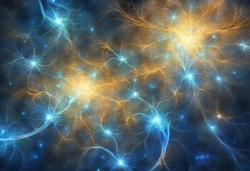Neuron glowing, emitting a vibrant combination of blue and yellow hues. Abstract background.
