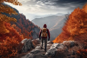 A determined entrepreneur embarks on a challenging hike up a hill, surrounded by the fiery spectacle of autumn trees, symbolizing his journey towards success - obrazy, fototapety, plakaty