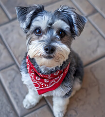 Cute little terrier dog wearing a scarf around his neck. Professional outdoor photography.