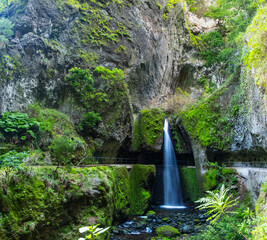 Levada Nova and Levada do Moinho in Madeira. Beautiful hiking path next to the levadas with...