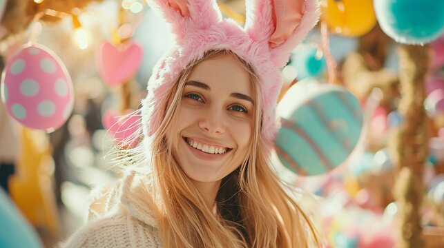 Picture of a happy-looking woman wearing an Easter bonnet and surrounded by Easter decorations