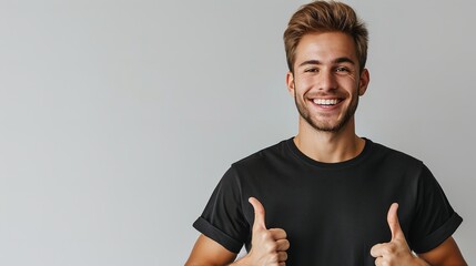 Portrait of an American man in black t shirt showing thumbs up with hand against a clean white backdrop with copy space, Generative AI. - obrazy, fototapety, plakaty