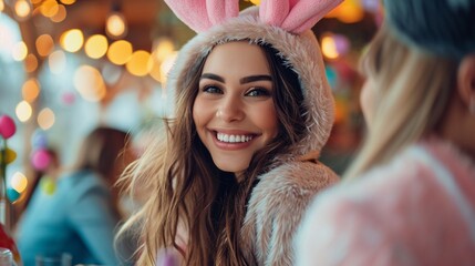 Real-life photo shows a happy woman dressed as a bunny, having tea with friends around an Easter theme