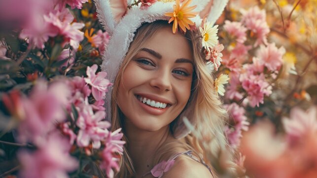This image depicts a happy woman dressed as a bunny, enjoying an Easter celebration among beautiful flowers