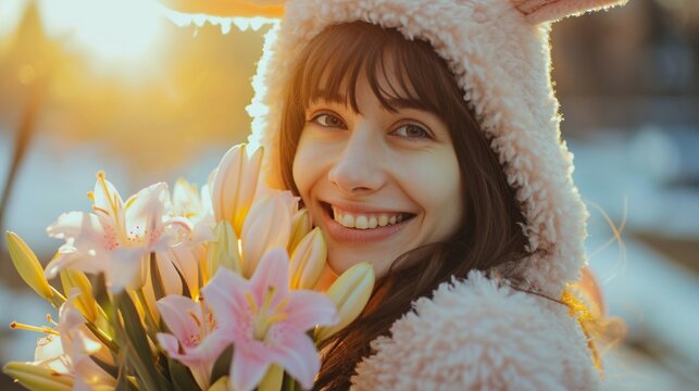 Unscripted photo of a woman holding a bouquet of Easter lilies and grinning cheerfully in a bunny costume