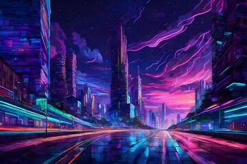 Neon cityscape beneath a mesmerizing sky