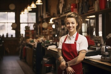 Portrait of a confident female barber standing in her vintage-style barbershop, surrounded by antique barber tools and a classic red and white barber pole - obrazy, fototapety, plakaty