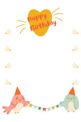 Cute birds holding a holiday garland.Cute holiday cartoon character in a simple children's hand drawn style. Vector template with happy birthday inscription