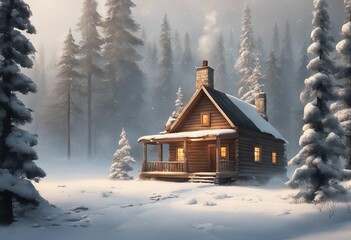 Illustration Cozy House Amidst Snowy Woods, Winter Season