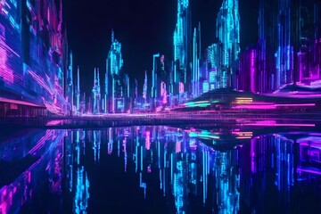 Glitchy holographic waves in a cyberpunk cityscape