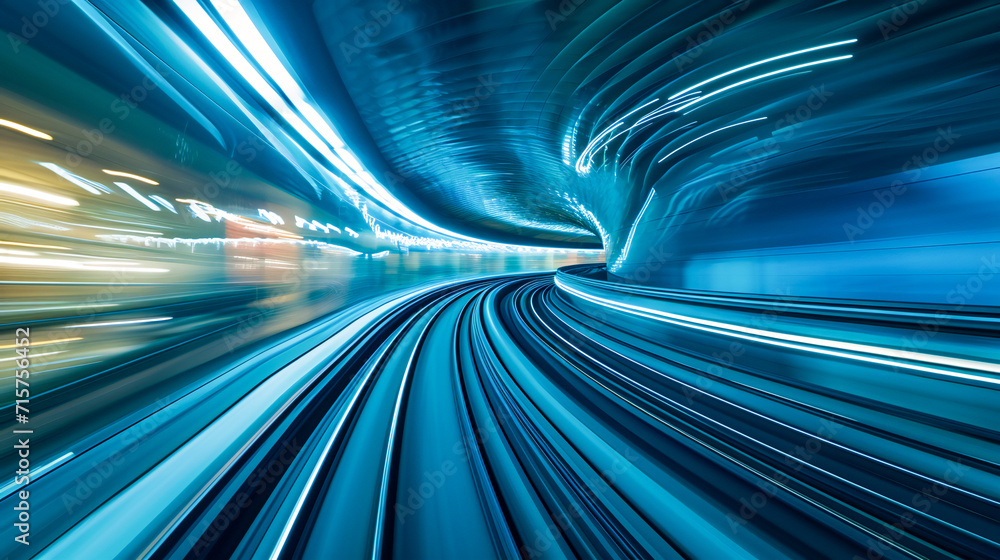 Poster acceleration speed on the railroad. light and stripes fast motion blur.