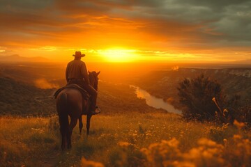 Cowboy on horse at bright sunset in desert. Wild West concept