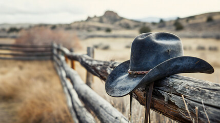 A cowboy hat hanging on an old wooden fence