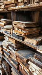 Fototapeta na wymiar Old or damaged books shelf in an old library