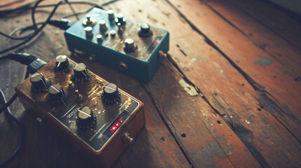 Vintage guitar effects on a wooden floor