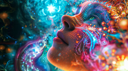 Head of a woman in meditating trance. Abstract concept of meditation, yoga and transcendent.