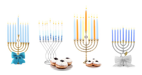 Hanukkah celebration. Menorahs with burning candles and donuts isolated on white, set