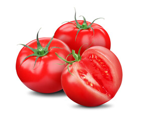 Whole and cut ripe tomatoes isolated on white