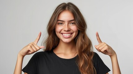 Portrait of an American woman in black t shirt indicating  two forefingers up in a clean backdrop with copy space, Generative AI.
