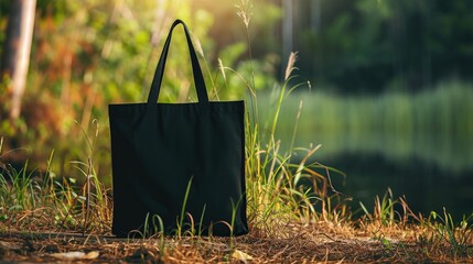 black tote bag mock-up pic for an advertisement, 8k, high resolution, beautiful nature background --ar 16:9 --v 6 Job ID: 93ca6679-931d-45b5-93b9-ae2eebc0d089 - Powered by Adobe