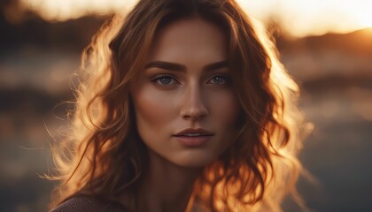 Natural young woman with freckles in sunset with shadows on face. Natural beauty close-up of a cute