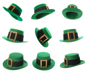 St. Patrick's Day. Green leprechaun hats isolated on white, set