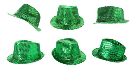 St. Patrick's Day. Green sequin hats isolated on white, set