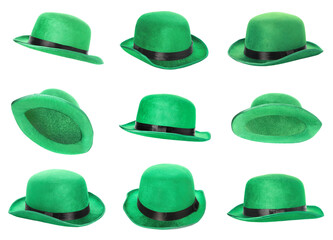 St. Patrick's Day. Green leprechaun hats isolated on white, set