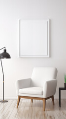 Blank picture frame mockup on white wall. White living room design. View of modern style interior with chair and lamp. minimalism, concept	
