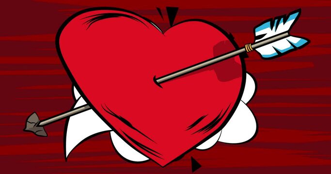Arrow Heart, Valentine's Day Symbol. Motion poster. 4k animated Comic book message moving on abstract comics background. Retro pop art style.